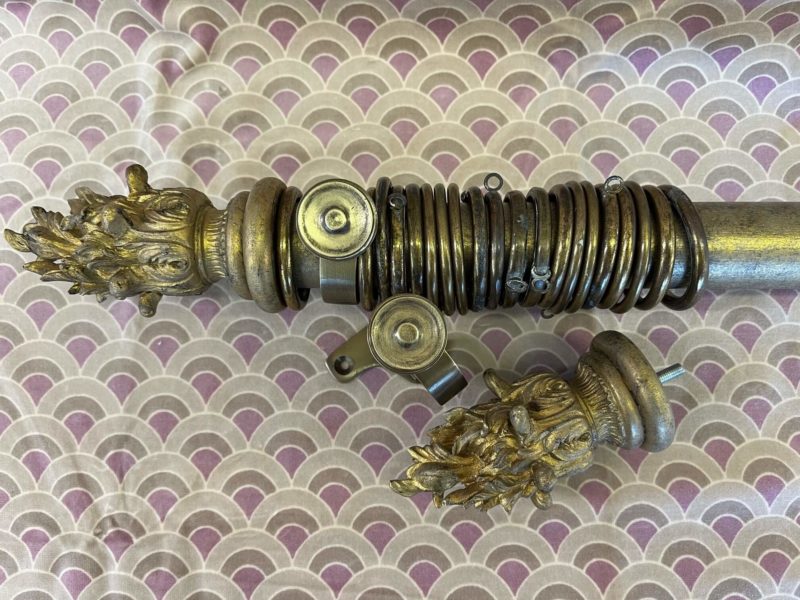 Distressed French Gilt pole with finials, rings and brackets